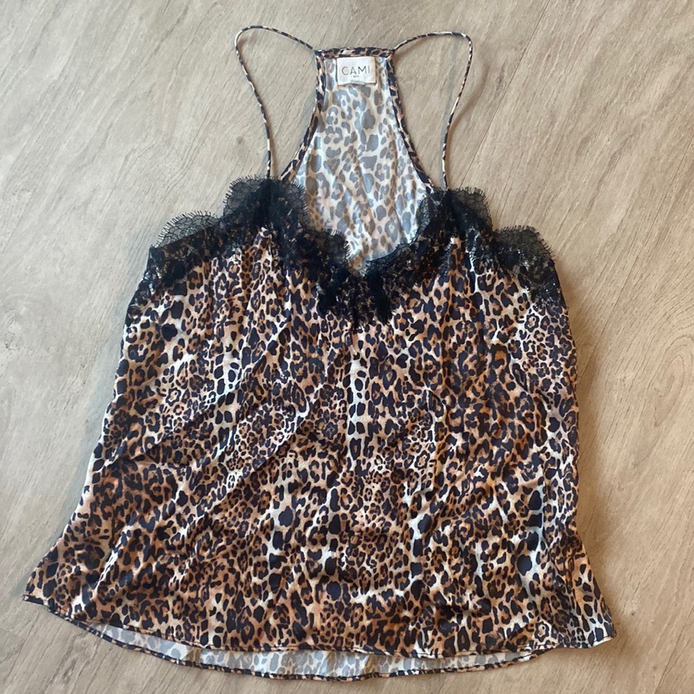 CAMI NYC Lace-Trimmed Leopard-Print Silk Top